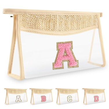 Small Boho Straw Initial Letter Makeup Bag Personalized Gift ,Cute Clear Chenille Patch Makeup Bag With Zipper,Trendy TSA Approved Travel Toiletry Bag,Gift for Women Girls Birthday Friend, Letter A