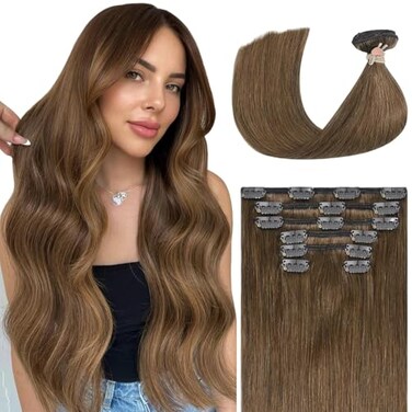 Ukira Chestnut Brown Clip in Hair Extensions Real Human Hair, 12 Inch 70g 7pcs Remy Human Hair Clip in Extensions for Women, Ntural Straight Clip in Hair Extensions Brown Hair Extensions