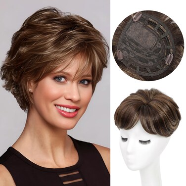 Hair Toppers for Women, Fluffy Toppers Hair Pieces for Women with Thinning Hair 360&deg; 3D Cover Short Curly with Pixie Cut Bangs Hair Clip (Brown Mixed With Strands of Blonde)