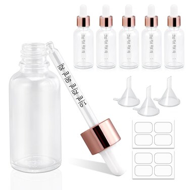 1oz Glass Dropper Bottle with Glass Pipette, 30ml Glass Eye Dropper Bottles Leakproof Glass Tincture Bottles for Travel Essential Oils (6pcs-Clear)