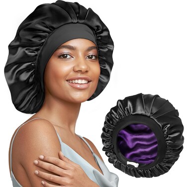 Umisleep 22 Momme 100% Real Mulberry Silk Bonnet for Sleeping Women, Large Hair Care Bonnet for Long Curly Hair, Double Layer Silk Hair Wrap with Soft Elastic Band, Non-Slip Sleep Cap, Black+Purple