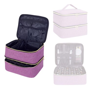 Nail Polish Organizer, Handheld Double Layer Organizer Holds 30 Bottles (15 ml/0.5 floz) with Adjustable Dividers for Nail Polish Small Manicure Lamp Manicure Tools Essential and Travel,Purple