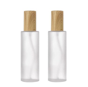 2Pcs 120ml/4oz Clear Frosted Glass Lotion Pump Bottles Empty Refillable Travel Toiletries Container Cosmetic Pump Dispenser Vials with Plastic Wood Grain Lid for Essential Oil Foundation Cream