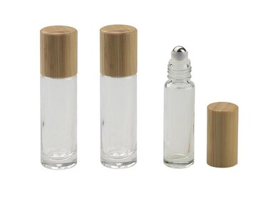 UPSTORE 3PCS 10ML/0.34oz Clear Glass Essential Oil Roll-on Bottles Jars with Steel Roller Balls and Bamboo Lid Cosmetic Makeup Perfume Lip Gloss Travel Packing Container Dispenser