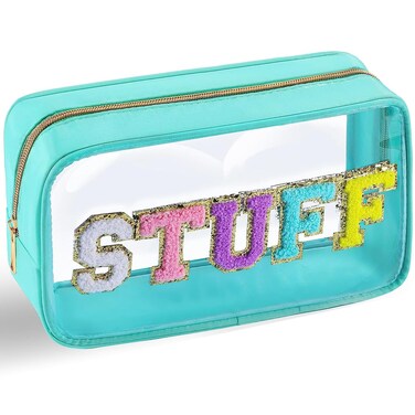 Chenille Letter Clear Makeup Bag Nylon Preppy Patch Stuff Cosmetic Bag with Zipper Large Clear Travel Makeup Pouch Transparent PVC Waterproof Toiletry Organizer Storage for Women (Blue)