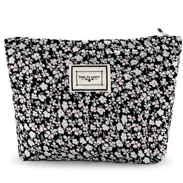 Flower Makeup Bag Travel Large Cosmetic Bag for Women Cute Cotton Makeup Pouch Zipper Cosmetic Pouch for Purse Aesthetic Black Floral Makeup Organizer Bag Portable Toiletry Bag