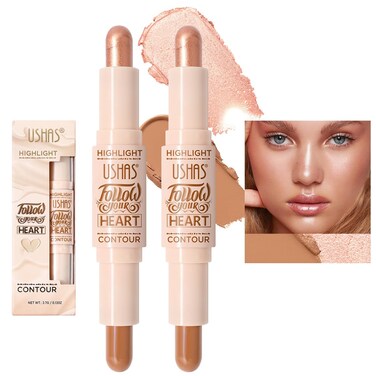 USHAS 2pcs Concealer Stick and highlighter 2 in 1 Dual-Ended Contour Contouring Makeup Stick, Natural Coverage, Lightweight, Conceals, Buildable Color (01 (2pc), Pack of 1)
