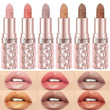 USHAS 6pc Diamond Shimmer Lipstick Set - Dark Red Pink Purple Mauve Glitter Sparkly Glossy Metallic Sparkle Waterproof Lipstick for Women (6 Count (07-12), Pack of 1)