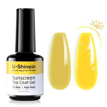 Shine UV Top Coat, 2 IN 1 No Wipe and Sunscreen Top Coat Gel, Sun Protection Topcoat Glassy Clear Gel Top Coat, Shiny Top Coat Keeps Nails From Yellowing or Staining Need UV Lamp