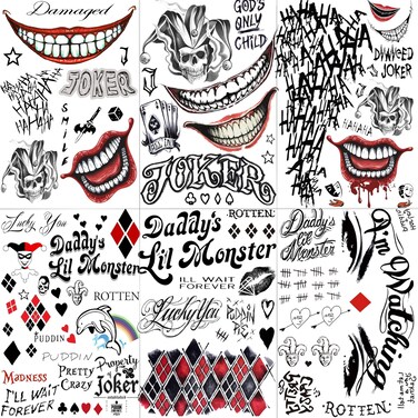 6 Sheets 3D Joker Tattoos For Men Adults Women, Halloween Temporary Tattoos For Women Girls Boys, Fake Tattoo Stickers Halloween Face Makeup Kit Cosplay Costume, Gothic Damaged Joker Tattoo