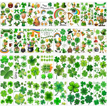 32 Sheets 248+ PCS St Patricks Day Tattoos For Kids Girls Boys Women Men Adults, Saint St. Patrick's Day Accessories Shamrock Temporary Tattoo Stickers, Lucky Clover Tattoo Irish Party Favor