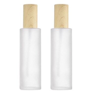 VASANA 2PCS 120ML Refillable Cosmetic Lotion Containers Frosted Glass Lotion Bottle Pump Bottles Container Vial Jar Pot With Wood Grain Lid For Emulsion Essence Liquid