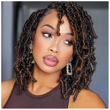 8 Packs Butterfly Locs Crochet Hair 12 Inch Ombre Brown Distressed Butterfly Locs Crochet Hair For Black Women, Pre looped Butterfly Faux Locs Crochet Braids (12Inch, Ombre Brown)