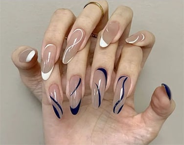 Vemalo Fake Nails Short Swirl Press on Nails French White False Nails Acrylic Nails Accessories for Women