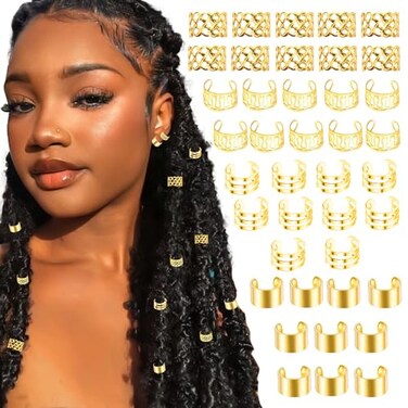 40PCS Gold Hair Cuffs for Dreadlocks, Braids, Locs - Metal Alloy Non-Piercing Adjustable Jewelry Hair Rings and Clips for Women and Men