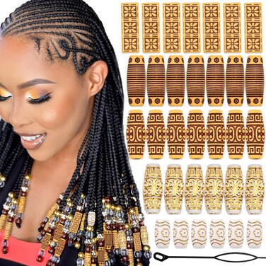 VENOFEN 36PCS Hair Beads for Braids Wooden Beads for Hair Dreadlock Loc Jewelry Long Tube Beads for Hair Multi Style Wood Beads Hair Decoration Braid Accessories for Women and Men