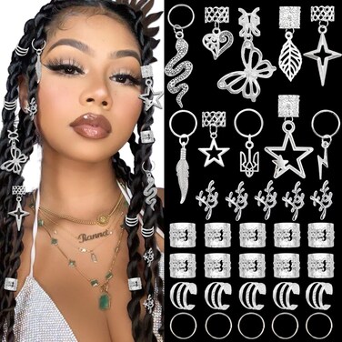 40PCS Hair Jewelry for Braids Silver Butterfly Braid Clips Multi Style Hair Decoration Metal Hair Cuffs Rings Loc Dreadlock Accessories for Women and Men