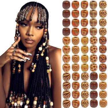 60PCS Painted Wood Hair Beads Large Hole Natural Wooden Beads for Loc Dreadlock Hair Accessories Braids Decoration