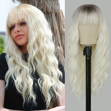 VERNA Platinum Blonde Wig with Bangs for Women, 26 Inch Ombre Blonde Wigs for Women, Natural Looking Blonde Wavy Wig with Dark Roots, Heat Resistant Synthetic Wig Blonde Hair wig for Daily Party Use