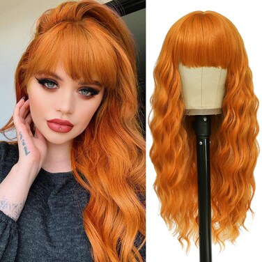 VERNA Long Orange Wig with Bangs, 26'' Long Ginger Wigs for Women, Natural Looking Orange Hair Wigs, Easy to Put Orange Wavy Curly Wig, Heat Resistant Synthetic Wig Halloween Wig Cosplay Wig(Orange)