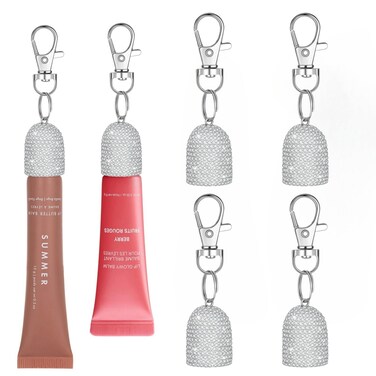 4pcs Lip Gloss Keychain Holder Bling Lip Balm Key Chain Cap Portable Lipgloss Holder Compatible with Summer Fridays 0.5oz &amp; LANGIGE 0.35oz &amp; Aquaphor 0.35oz &amp; Jack Black 0.25oz(Silver)