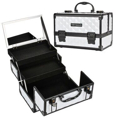 VETALLO Travel Makeup Box, Lockable Makeup Box Organizer I Makeup Train Case I Makeup Case Organizer I Makeup Box with Mirror I Large Makeup Organizer I Gifts For Her Women Bestie I White B