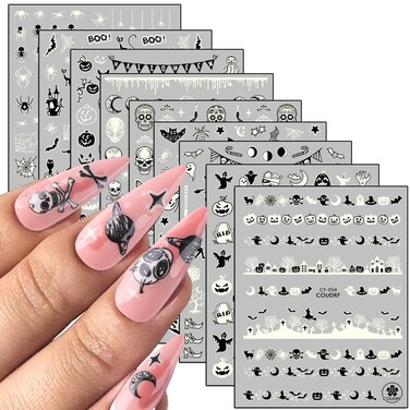 Halloween Skull Witch Pumpkin Ghost Gross Spider Nail Art Stickers, Holographic Luminous Nail Adhesive Sticker Design, Day of The Dead Glow in The Dark Nail Art Decals for Women Girls, Nail Art Tips