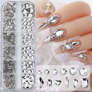 Clear White Nail Art Rhinestone, 3D Crystal Nail Diamond Gem, Flatback Rhinestones Multi Shapes Sizes Nail Design for Women Girls Manicure Charms Decorations, DIY Jewelry Making Craft Supplies