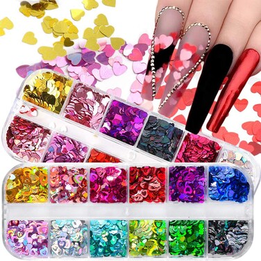 Heart Nail Art Glitter Sequins, 3D Love Heart Nail Flakes Design, Holographic Laser Big Small Hearts Nail Art Supplies for Women Girls Manicure Sparkle Decorations, DIY Body Makeup Kit(2 Boxes)