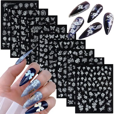White Flowers Nail Art Stickers, Holographic 3D Self-Adhesive Luminous Nail Decals Design, Fairy Butterfly Floral Leaf Vine Nail Sticker for Women Girls Manicure Charms Decoration, Fluorescent Decal