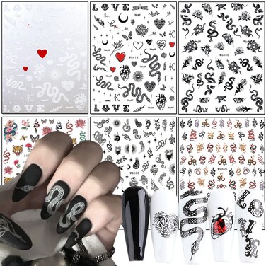 Snake Nail Art Stickers, Cartoon Snake Nail Art Decals Holographic 3D Snake Self-Adhesive Sticker Nail Art Design Animal Nail Decal Decoration for Women Girls Manicure Tips DIY Acrylic Nails Supplies
