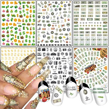 Money Nail Art Stickers, Interesting Dollar Nail Art Decals 3D Self-Adhesive Nail Sticker Design Holographic Funny Money Nail Decal for Women Girls Manicure Charms Decorations DIY Lucky Nail Art Tips