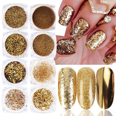 Holographic Gold Glitter Nail Art Sequins, Mixed Gold Glitters Flakes Powder Foils, 8 Designs Gold Acrylic Nails Supplies for Women Girls Manicure Sparkly Decorations, DIY Resin Shiny Nail Art Tips