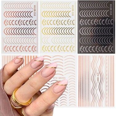 French Line Nail Art Stickers, Wavy Line Arc Self-Adhesive Sticker Design, Gold Silver Rose Gold Decal Design for Women Girls Manicure Charms Decorations, Resin Decal Tips