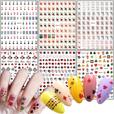 Playing Cards Nail Art Stickers, Interesting Nail Art Decals 3D Self-Adhesive Nail Sticker Design Holographic Funny Playing Cards Nail Decal for Women Girls Manicure Decoration Lucky Nail Art Tips