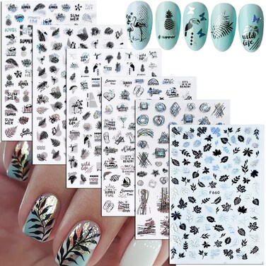 Silver Summer Nail Art Stickers, Holographic Seaside Beach 3D Nail Self-Adhesive Sticker Design, Coconut Tree Leaf Letters Line Nail Art Decals for Women Manicure Charms Decorations, Resin Nail Decal