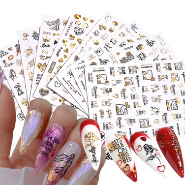 Gold Flowers Nail Art Stickers, Holographic Rose Floral Leaf Love Heart Lips Letters Nail Art Decals, Laser Gold Nail Self-Adhesive Sticker Design Supplies for Women Girls Manicure Charms Decorations
