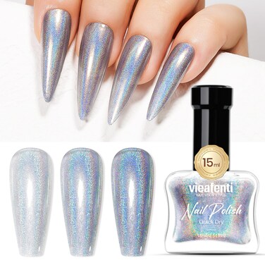 Holographic Nail Polish Silver 15ml, Quick Drying Chrome Nails Polish High Glossy Shiny Regular Air Dry Long Lasting Oil-Base