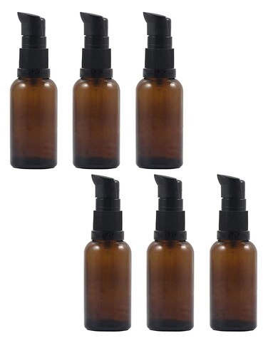 6PCS 30ML 1 Oz Empty Refillable Amber Glass Lotion Bottles Portable Pump Bottles Makeup Sample Storage Holders Oil Shampoo Sample Containers