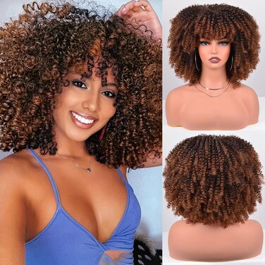 Synthetic Hair Wig 12 Inches Curly Afro Wig With Bangs about 280g/Piece Full Machine Made Scalp Top Wig Afro Kinky Curly Synthetic Hair Cosplay Wig (Black to Brown)