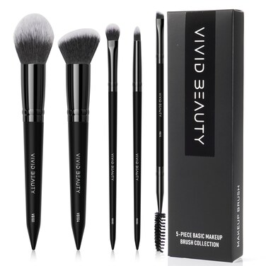5pcs Basic Makeup Brushes- Portable Face and Eye Set for Powder, Blush, Bronzer, Eyeshadow, and Eyebrow - Travel Friendly Brush Kit -Perfect for Daily Make up and On the Go Touch-Ups (Black)