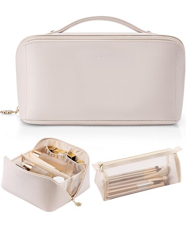 Vlando Travel Makeup Bag, Make up Bag Travel Toiletry Bag for Women Open Flat Makeup Organizer with Divider and Handle,Gift Ideas for Women Wife-White