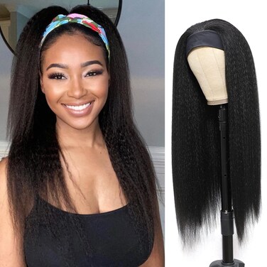 14Inch Kinky Straight Headband Wigs for Black Women Yaki Straight Headband Wig Glueless None Lace Front Synthetic Wig （#1B）