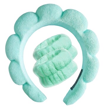 Spa Headband for Washing Face Wristband Set Sponge Makeup Skincare,Terry Cloth Bubble Soft Get Ready Hairband for Women Girl Puffy Padded Headwear(Light Lake Green)