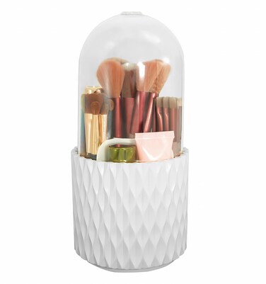 Rotating Makeup Brush Holder with Lid, Makeup Brush Organizer for Vanity, Makeup Organizer Countertop, Spinning Makeup Brushes Storage Perfume Organizer for Dresser, Bathroon Counter (White)