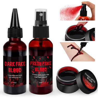 3PCS Halloween Fake Blood Kit, 2.03oz Fake Blood Spray and 2.03oz Dripping Blood and 1.06oz Coagulated Gel Blood, Realistic Washable Fake Blood Makeup for Zombie Vampire Monster Cosplay &amp; Dress Up