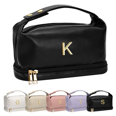 College Girls Gifts, Personalized Makeup Bag with Handle, Initial Double Layer Cosmetic Bag with Makeup Brush Organizer, PU Leather Travel Toiletry Bag, Gifts for Friends Female Mom