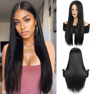 Synthetic Lace Front Wigs For Women Black Straight Hair Glueless 13x4x1 Long Straight Natural Heat Resistant Fiber Natural Wig With 26 Inch (Black)
