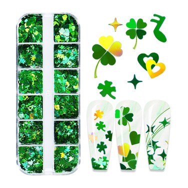 12 Grids St. Patrick's Day Nail Art Glitters Sequins 3D Holographic Clover Nail Sequins Green Shamrock Nail Glitter Heart Flakes Design Confetti Nail Decoration Accessories