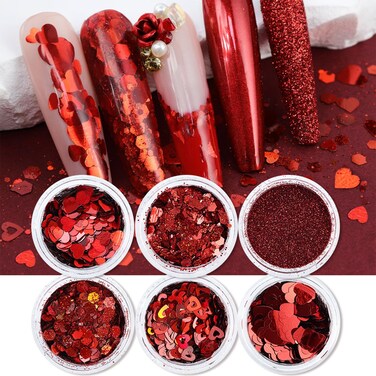 Valentine&rsquo;s Day Nail Glitters Sequins Red Heart Nail Sequins 3D Holographic Flake Powder Glitters Romantic Valentines Nail Art Sequins Body Manicure Makeup Decoration Supplies